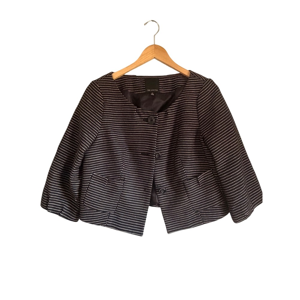 The Limited Womens Cropped Blazer Jacket Black White Dot Collarless Size M